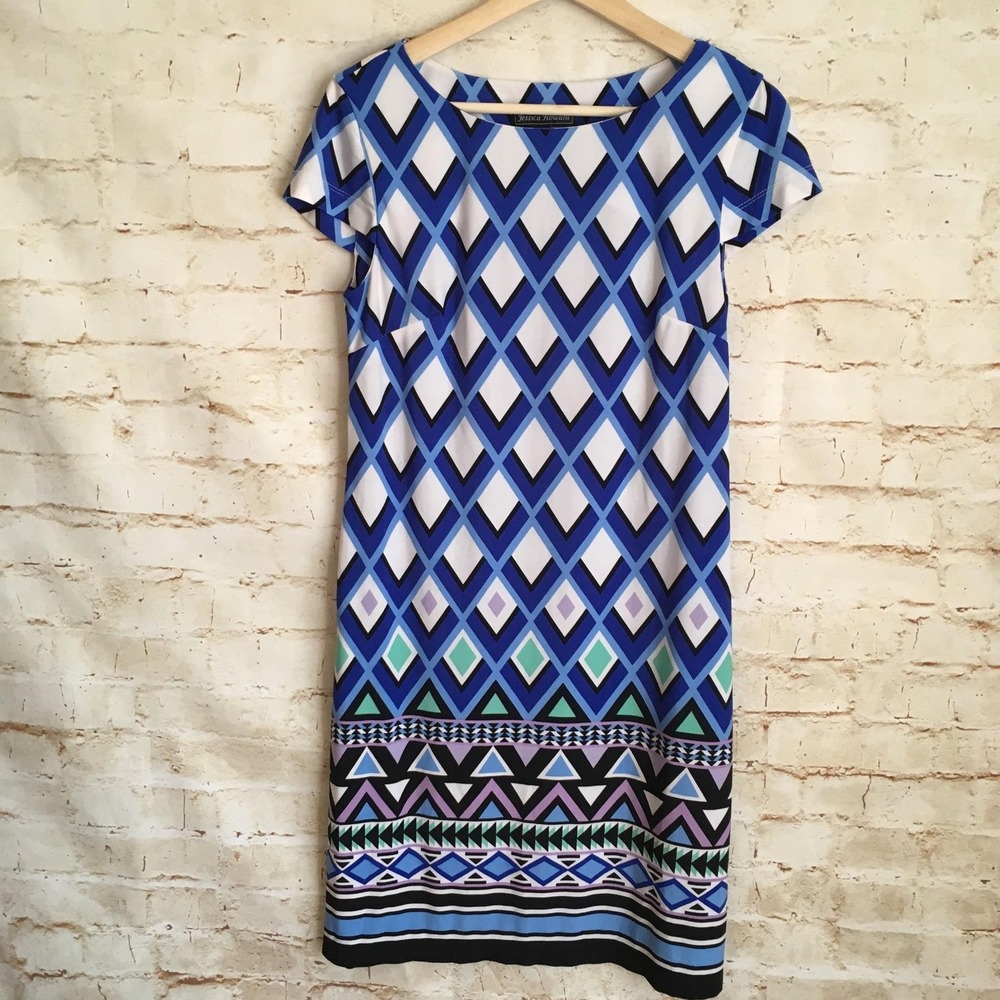 Jessica Howard Women's Size Small Blue White Cap Sleeve Career Shift Dress